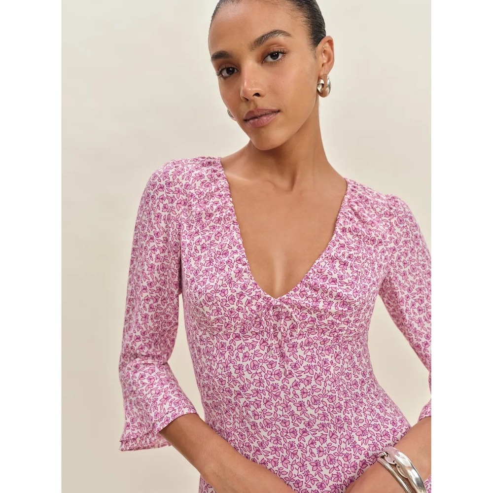 Reformation Lyssa Mini Dress Simonette Pink Floral V-Neck 3/4 Sleeve Size 6 NWT